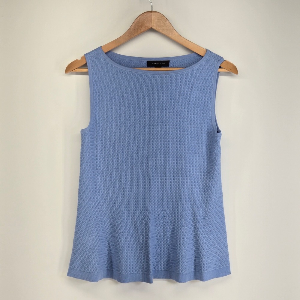Ann Taylor Sweater Top Womens S Blue Waffle Knit Boat Neck Sleeveless Shell Tank